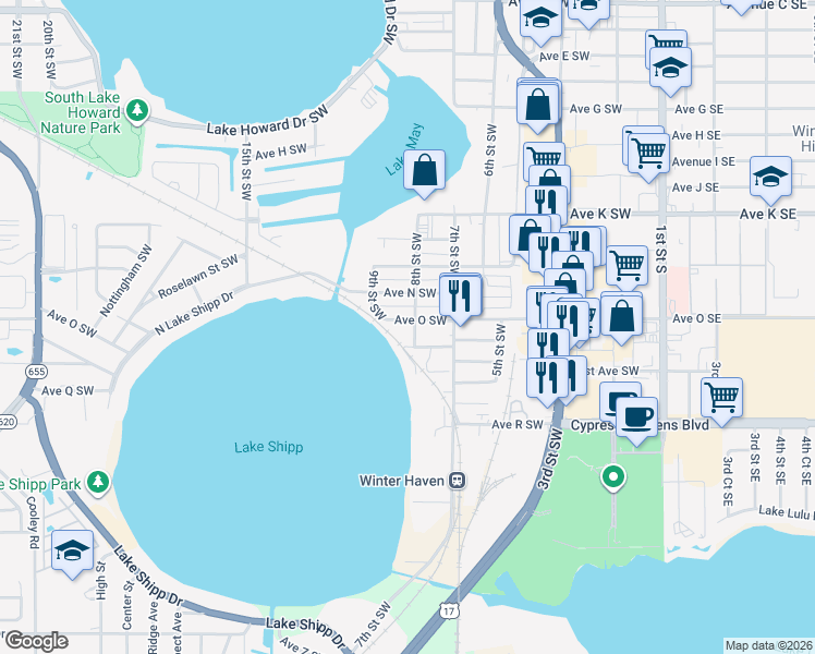 map of restaurants, bars, coffee shops, grocery stores, and more near 753 Avenue O Southwest in Winter Haven