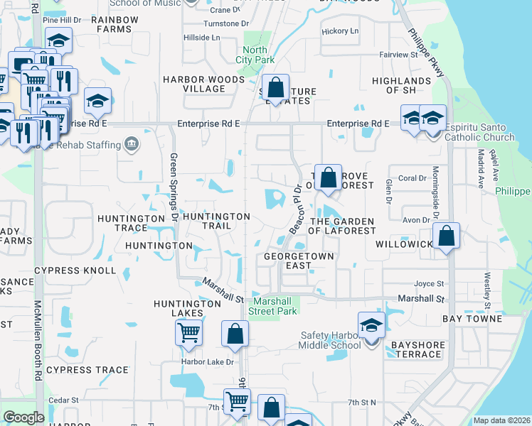 map of restaurants, bars, coffee shops, grocery stores, and more near 637 Quail Keep Drive in Safety Harbor