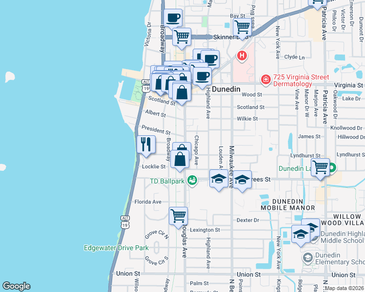 map of restaurants, bars, coffee shops, grocery stores, and more near 520 Douglas Avenue in Dunedin
