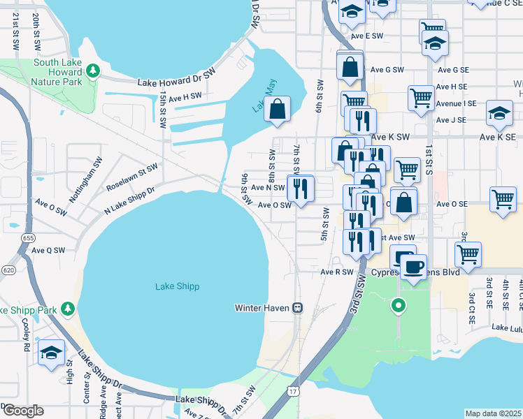 map of restaurants, bars, coffee shops, grocery stores, and more near 753 Avenue O Southwest in Winter Haven