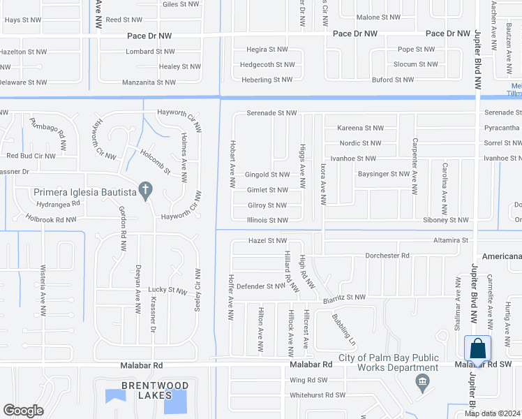 map of restaurants, bars, coffee shops, grocery stores, and more near 1360 Gilroy Street Northwest in Palm Bay