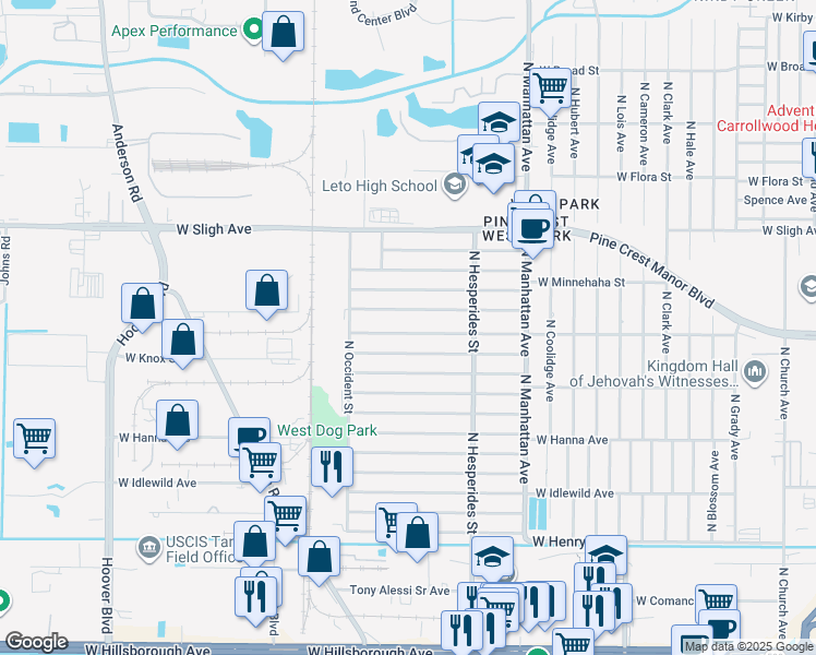 map of restaurants, bars, coffee shops, grocery stores, and more near 4530 West Knollwood Street in Tampa