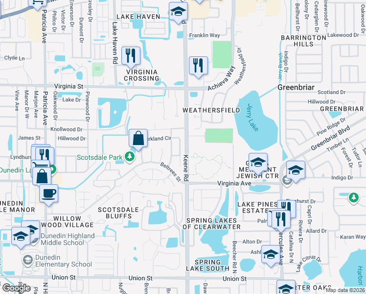 map of restaurants, bars, coffee shops, grocery stores, and more near 740 Kirkland Circle in Dunedin