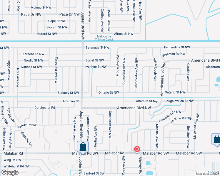 map of restaurants, bars, coffee shops, grocery stores, and more near 776 Doverbrook Road Northwest in Palm Bay
