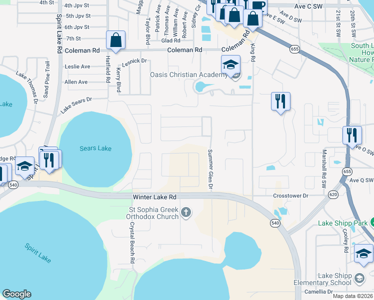 map of restaurants, bars, coffee shops, grocery stores, and more near 1062 Summer Glen Drive in Winter Haven