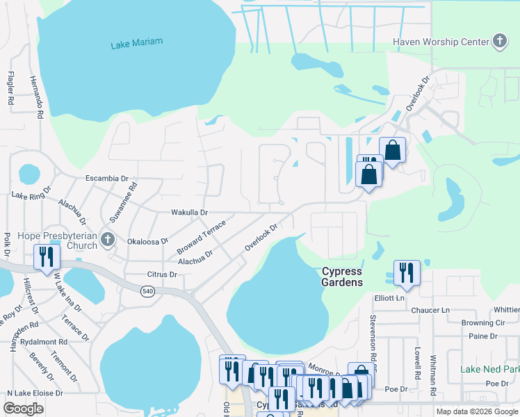 map of restaurants, bars, coffee shops, grocery stores, and more near 274 Santa Rosa Drive in Winter Haven