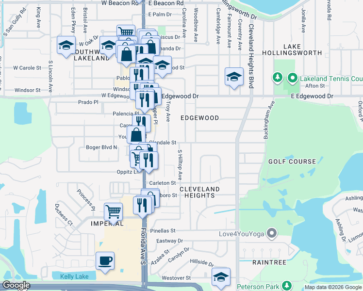 map of restaurants, bars, coffee shops, grocery stores, and more near 225 East Edgewood Drive in Lakeland