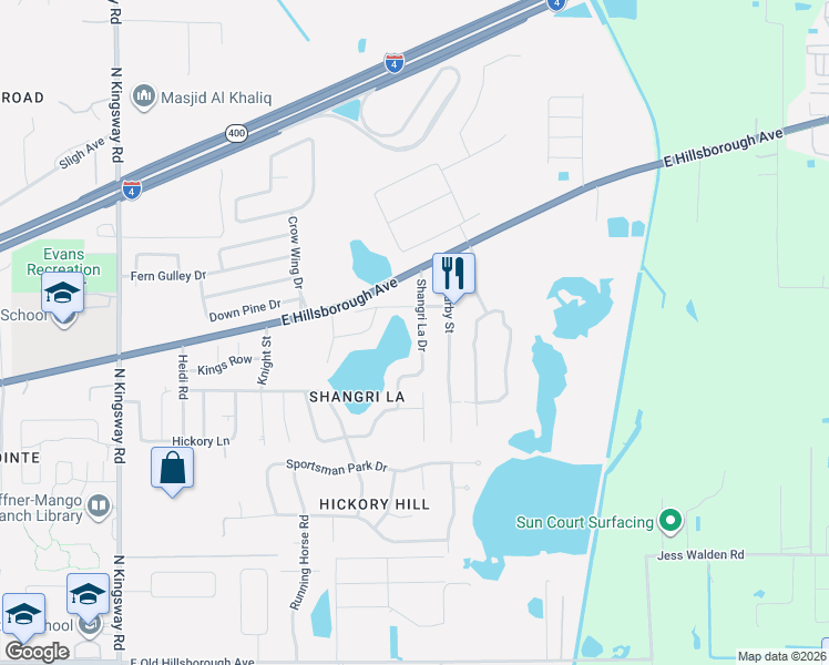 map of restaurants, bars, coffee shops, grocery stores, and more near 916 Shangri La Drive in Seffner