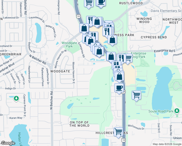 map of restaurants, bars, coffee shops, grocery stores, and more near 2386 Sumatran Way in Clearwater