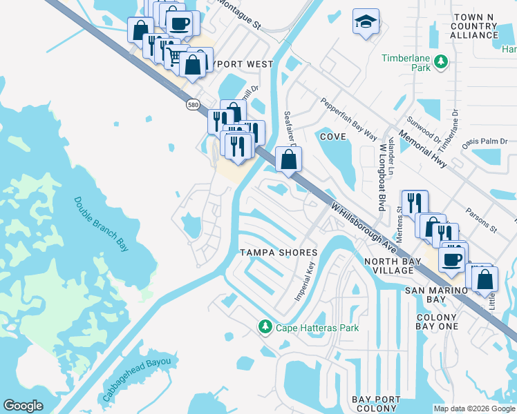 map of restaurants, bars, coffee shops, grocery stores, and more near 10730 Drummond Road in Tampa