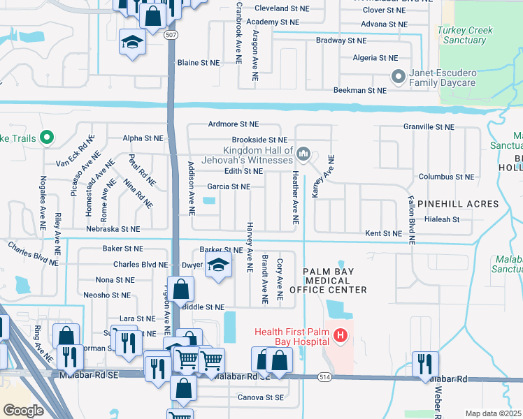map of restaurants, bars, coffee shops, grocery stores, and more near 434 Beauregard Avenue Northeast in Palm Bay