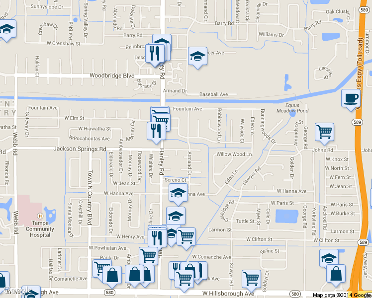 map of restaurants, bars, coffee shops, grocery stores, and more near 7022 West Pocahontas Avenue in Tampa