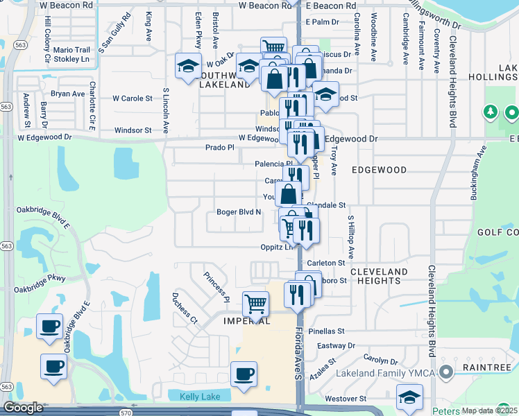 map of restaurants, bars, coffee shops, grocery stores, and more near 3102 Carey Court in Lakeland