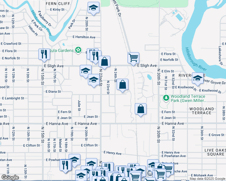 map of restaurants, bars, coffee shops, grocery stores, and more near 6607 North 24th Street in Tampa