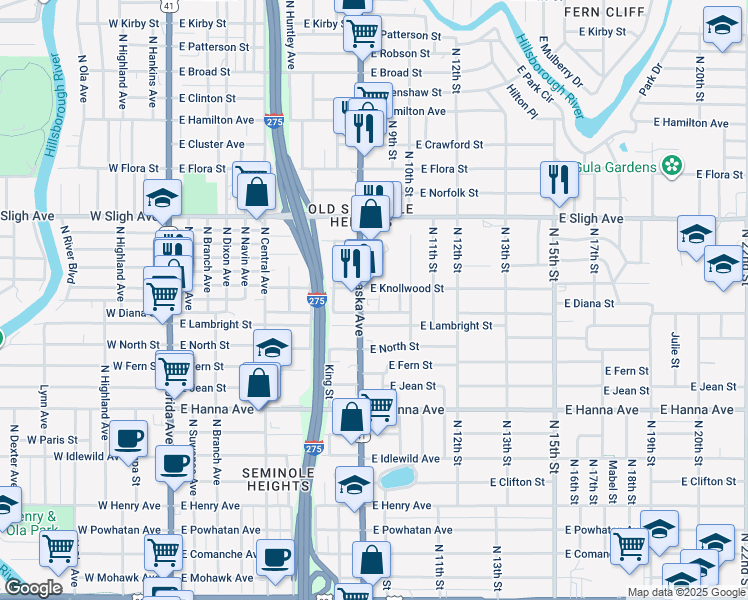 map of restaurants, bars, coffee shops, grocery stores, and more near 906 East Knollwood Street in Tampa