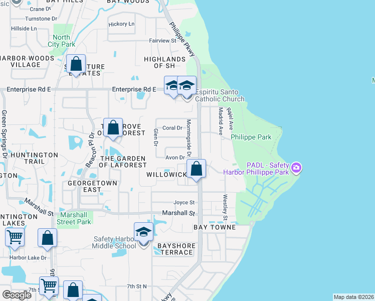 map of restaurants, bars, coffee shops, grocery stores, and more near 2150 Morningside Drive in Safety Harbor