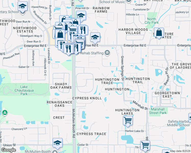 map of restaurants, bars, coffee shops, grocery stores, and more near 144 Woodside Court in Safety Harbor