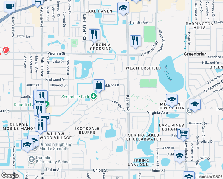 map of restaurants, bars, coffee shops, grocery stores, and more near 655 Kirkland Circle in Dunedin