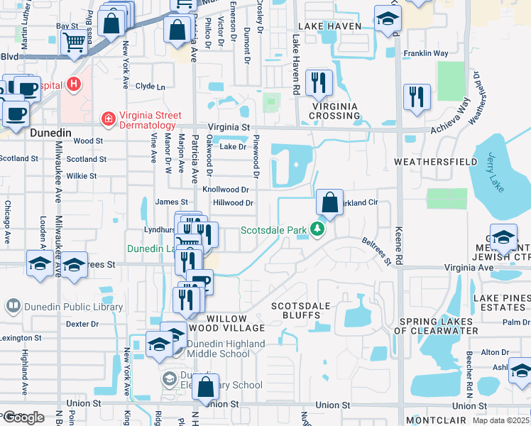 map of restaurants, bars, coffee shops, grocery stores, and more near 649 Pinewood Drive in Dunedin