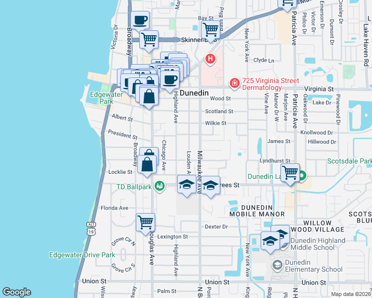 map of restaurants, bars, coffee shops, grocery stores, and more near 546 Louden Avenue in Dunedin