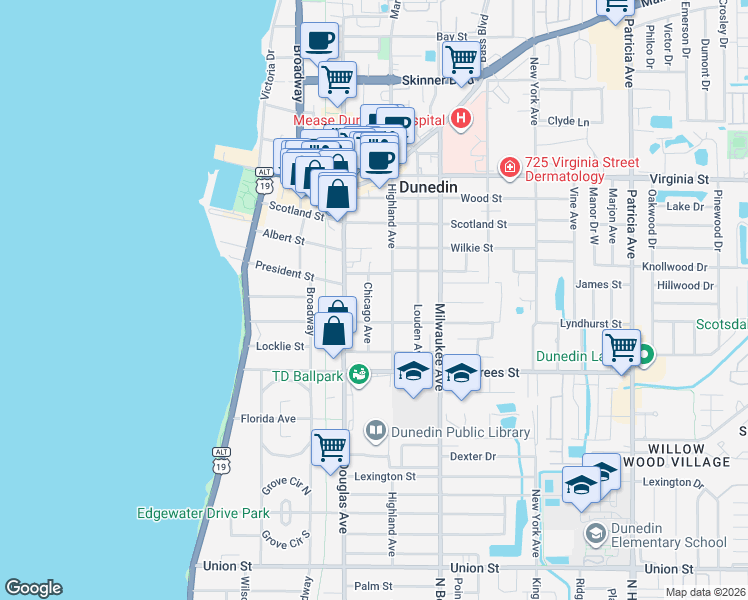 map of restaurants, bars, coffee shops, grocery stores, and more near 545 Chicago Avenue in Dunedin