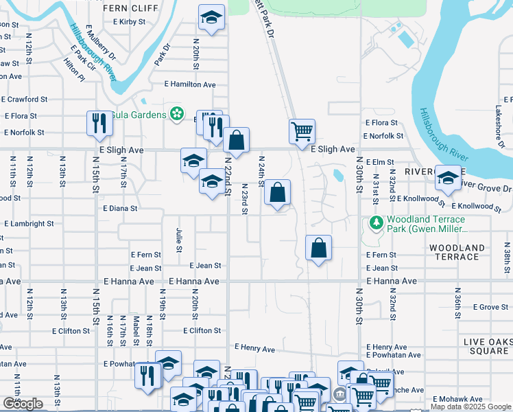 map of restaurants, bars, coffee shops, grocery stores, and more near 6607 North 24th Street in Tampa