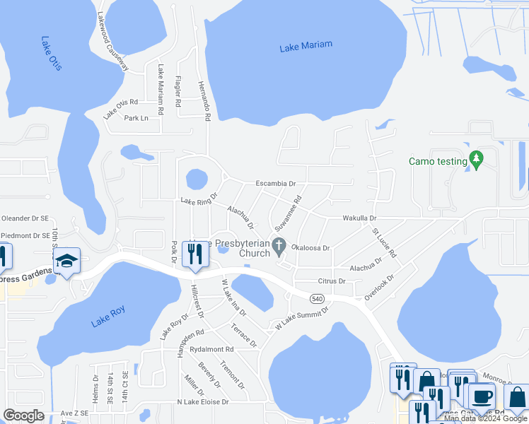 map of restaurants, bars, coffee shops, grocery stores, and more near 135 Okaloosa Drive in Winter Haven