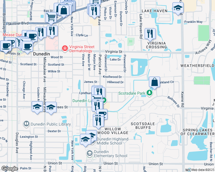 map of restaurants, bars, coffee shops, grocery stores, and more near 621 Oakwood Drive in Dunedin