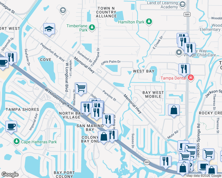 map of restaurants, bars, coffee shops, grocery stores, and more near 10004 Memorial Highway in Tampa