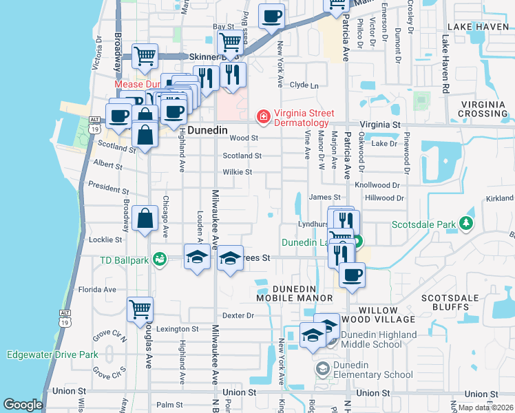 map of restaurants, bars, coffee shops, grocery stores, and more near 590 New York Avenue in Dunedin