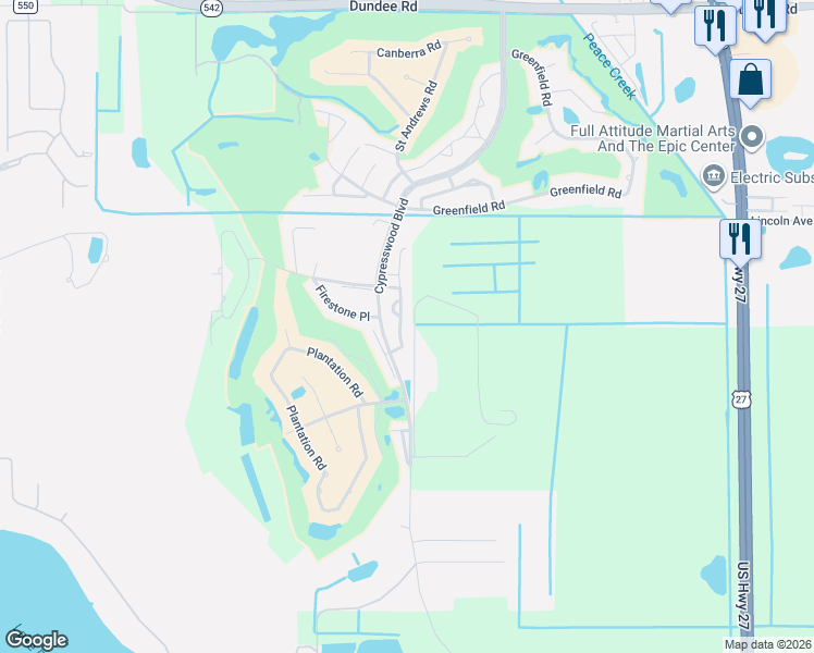 map of restaurants, bars, coffee shops, grocery stores, and more near 62 Enclave Drive in Winter Haven