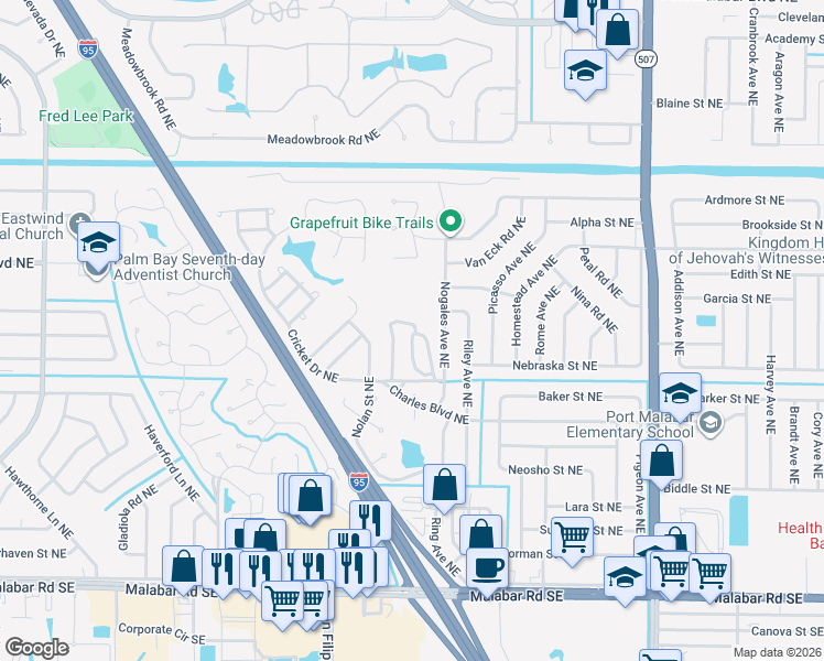 map of restaurants, bars, coffee shops, grocery stores, and more near 402 Whybrew Court Northeast in Palm Bay