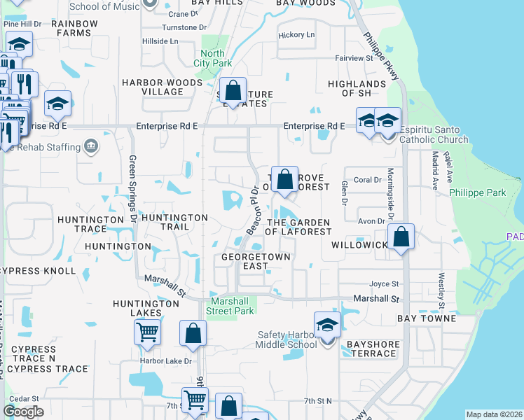map of restaurants, bars, coffee shops, grocery stores, and more near 515 Tabor Court in Safety Harbor