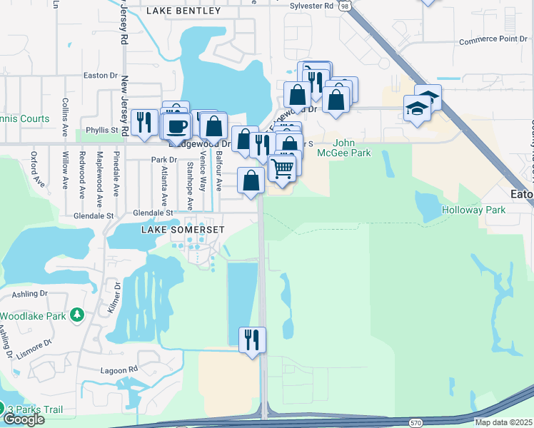 map of restaurants, bars, coffee shops, grocery stores, and more near 3200 Lakeland Highlands Road in Lakeland