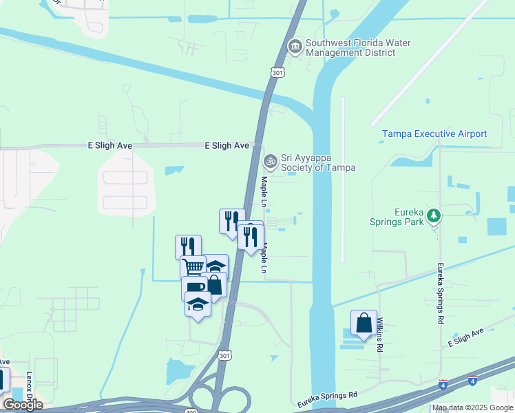 map of restaurants, bars, coffee shops, grocery stores, and more near 6770 Maple Lane in Tampa