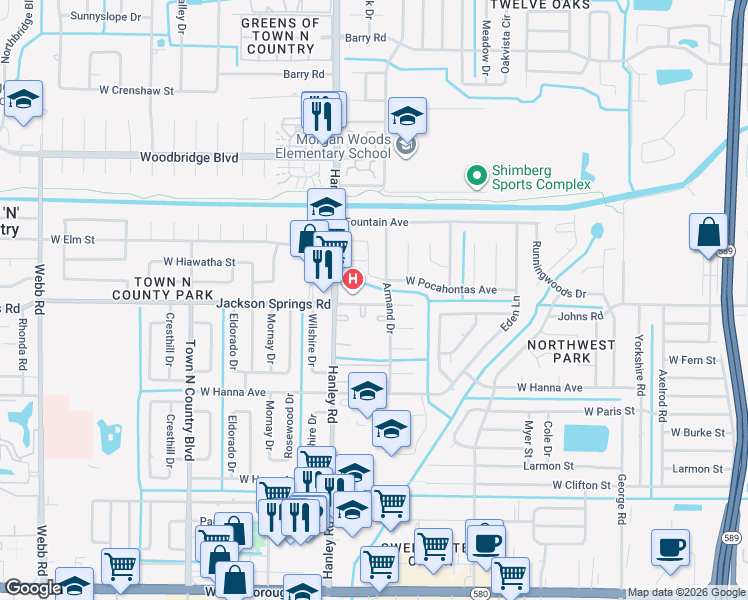 map of restaurants, bars, coffee shops, grocery stores, and more near 7345 Jackson Springs Road in Tampa