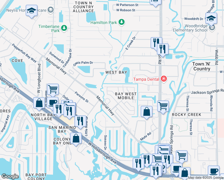 map of restaurants, bars, coffee shops, grocery stores, and more near 313 Greenvale Drive in Tampa