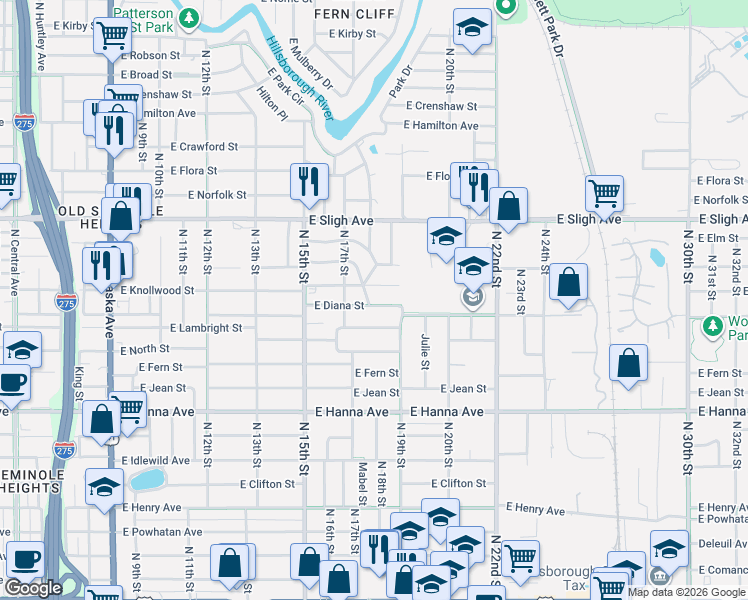 map of restaurants, bars, coffee shops, grocery stores, and more near 1805 East Knollwood Street in Tampa