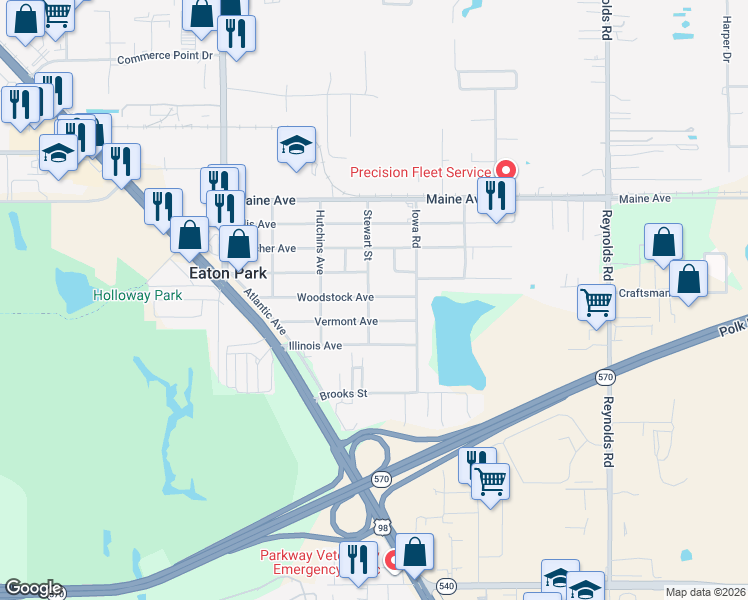 map of restaurants, bars, coffee shops, grocery stores, and more near 2848 Woodstock Avenue in Lakeland