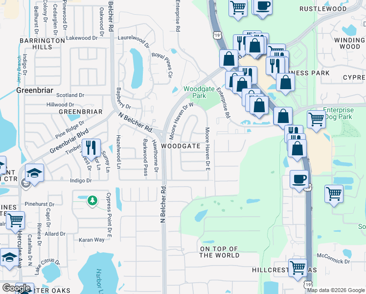 map of restaurants, bars, coffee shops, grocery stores, and more near 2401 Timbercrest Circle East in Clearwater
