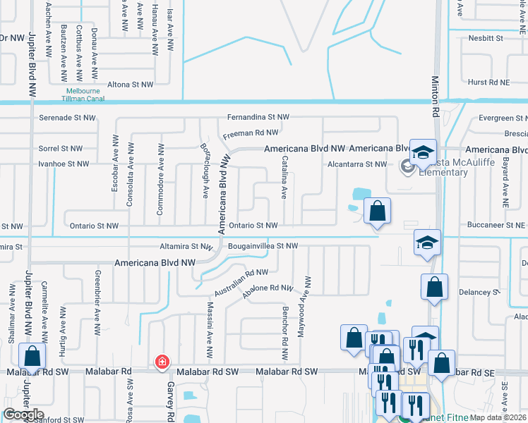map of restaurants, bars, coffee shops, grocery stores, and more near 445 Cortez Road in Palm Bay