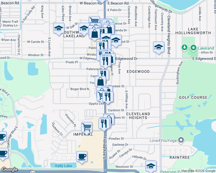 map of restaurants, bars, coffee shops, grocery stores, and more near 141 Glendale Street in Lakeland