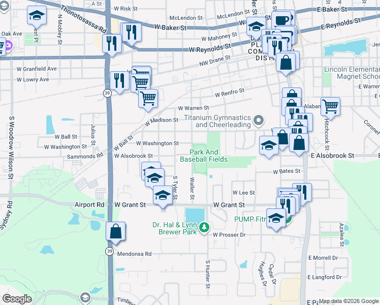 map of restaurants, bars, coffee shops, grocery stores, and more near 901 West Washington Street in Plant City