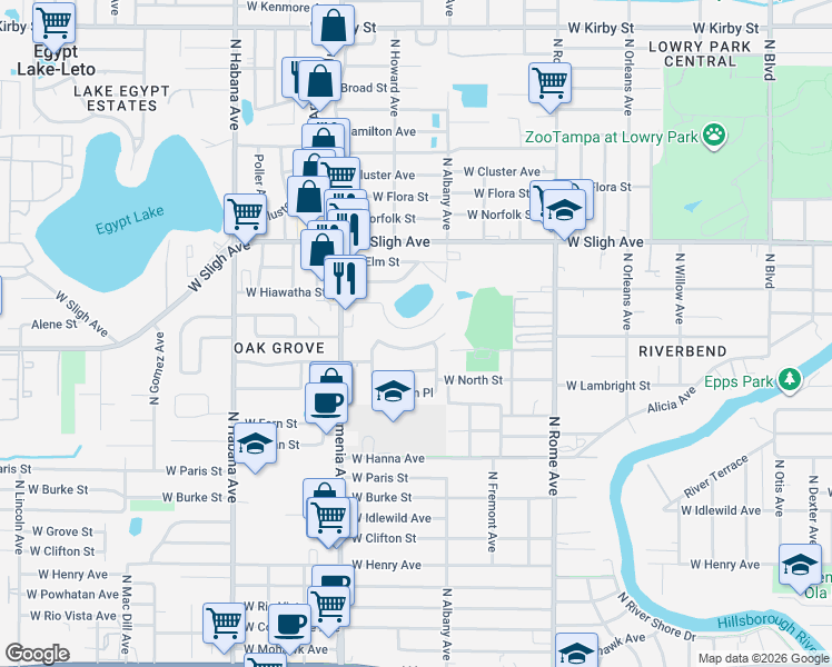 map of restaurants, bars, coffee shops, grocery stores, and more near 2117 West Minnehaha Street in Tampa
