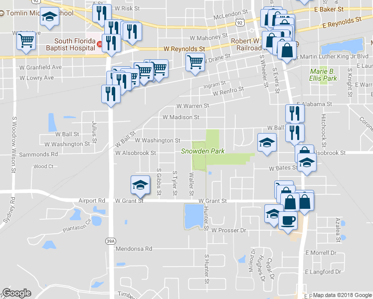 map of restaurants, bars, coffee shops, grocery stores, and more near 901 West Alsobrook Street in Plant City