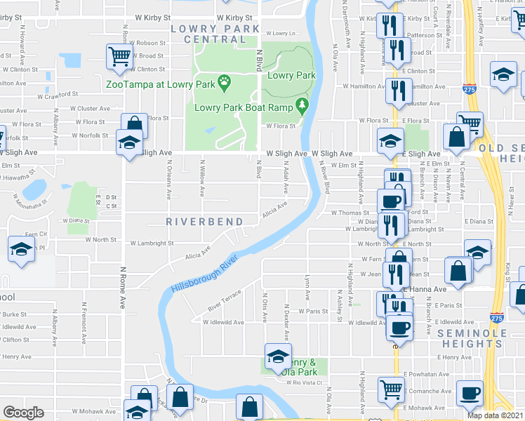 map of restaurants, bars, coffee shops, grocery stores, and more near 6703 North Boulevard in Tampa