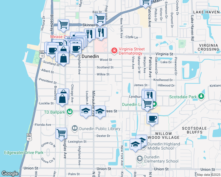 map of restaurants, bars, coffee shops, grocery stores, and more near 659 Magnolia Street in Dunedin