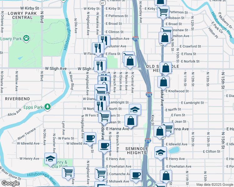 map of restaurants, bars, coffee shops, grocery stores, and more near 310 East Ford Street in Tampa