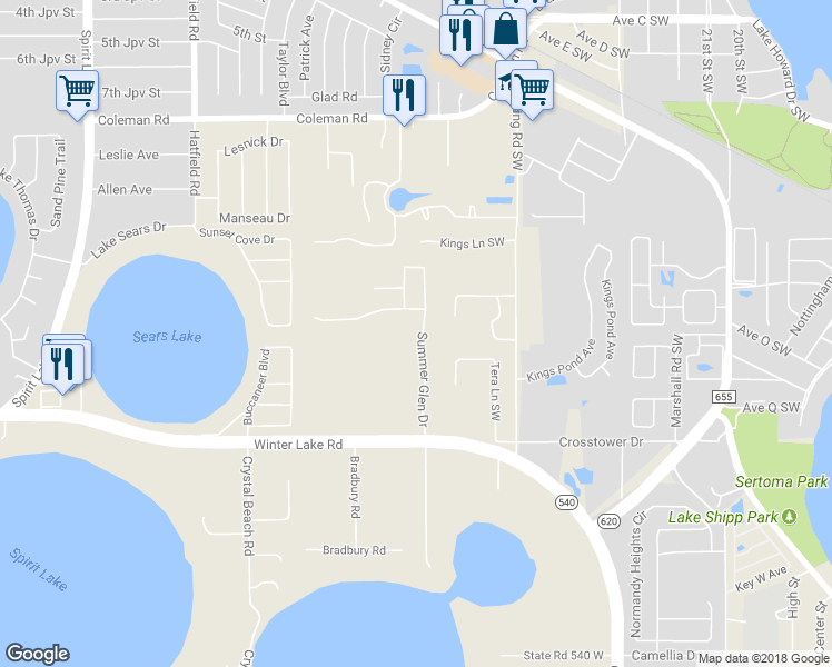 map of restaurants, bars, coffee shops, grocery stores, and more near 871 Summer Glen Drive in Winter Haven