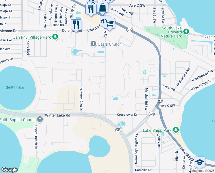 map of restaurants, bars, coffee shops, grocery stores, and more near 226 King Road Southwest in Winter Haven